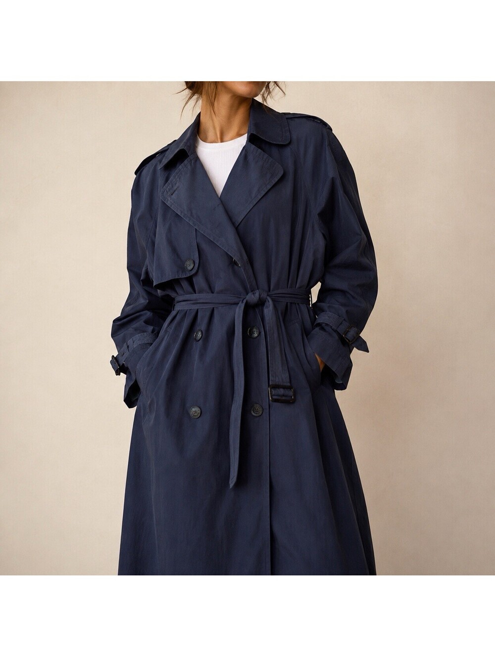 Vintage Navy Blue Trench Coat Long Belted Double Breasted Removable Liner Sz 10